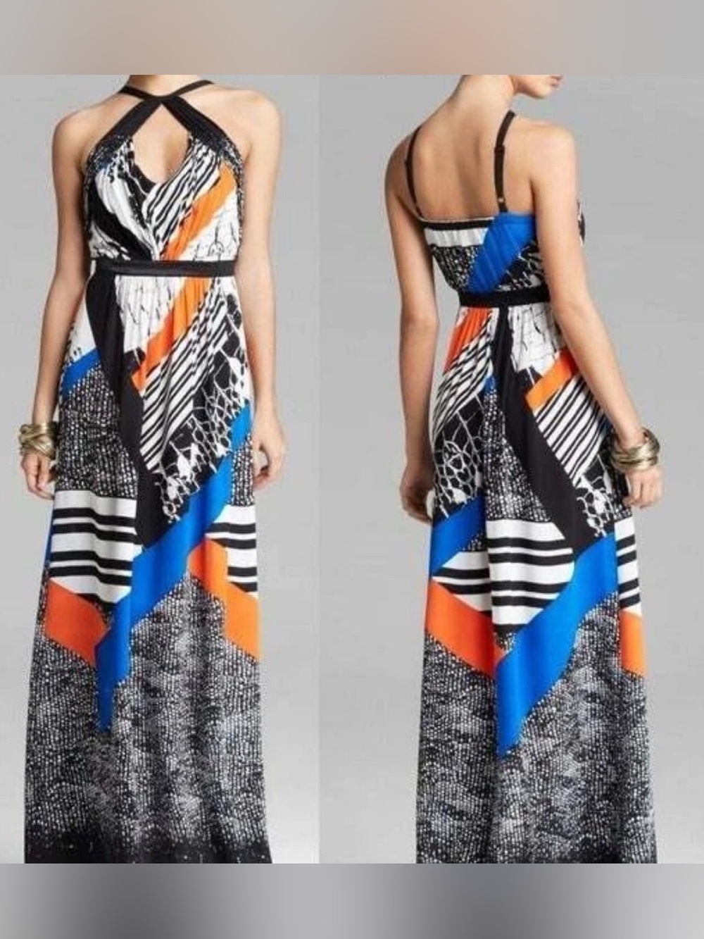 TWELFTH STREET Sleeveless Halter Maxi Dress in Black, Blue & Orange SIZE S